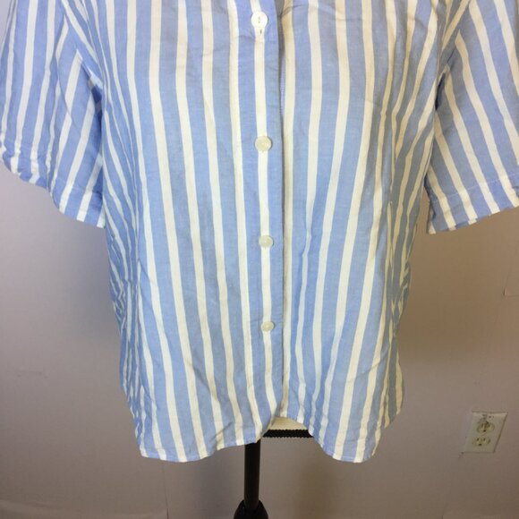 Uniqlo Shirt Size M Womans Blue White Striped Linen Blend Short Sleeve Cropped - Picture 5 of 15